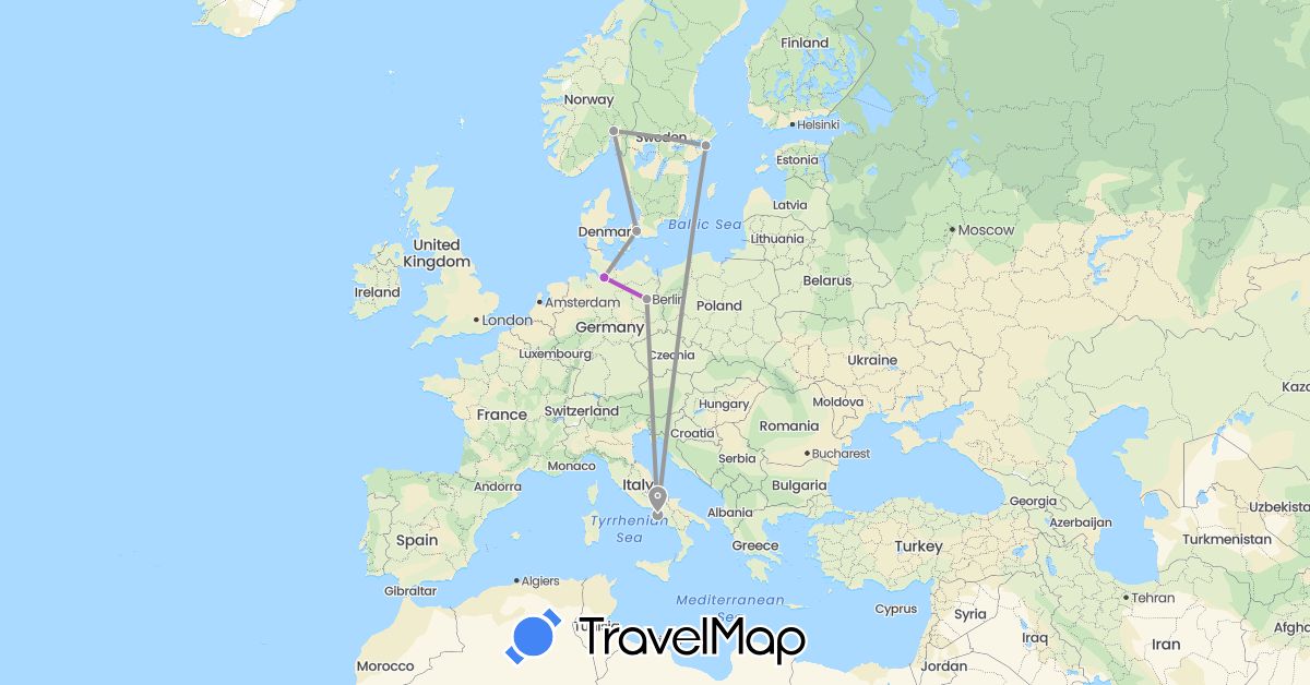 TravelMap itinerary: driving, plane, train in Germany, Denmark, Italy, Norway, Sweden (Europe)